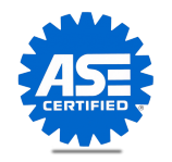 the logo for ase certified is a blue gear .