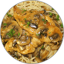 A close up of a plate of food with chicken and mushrooms on noodles.
