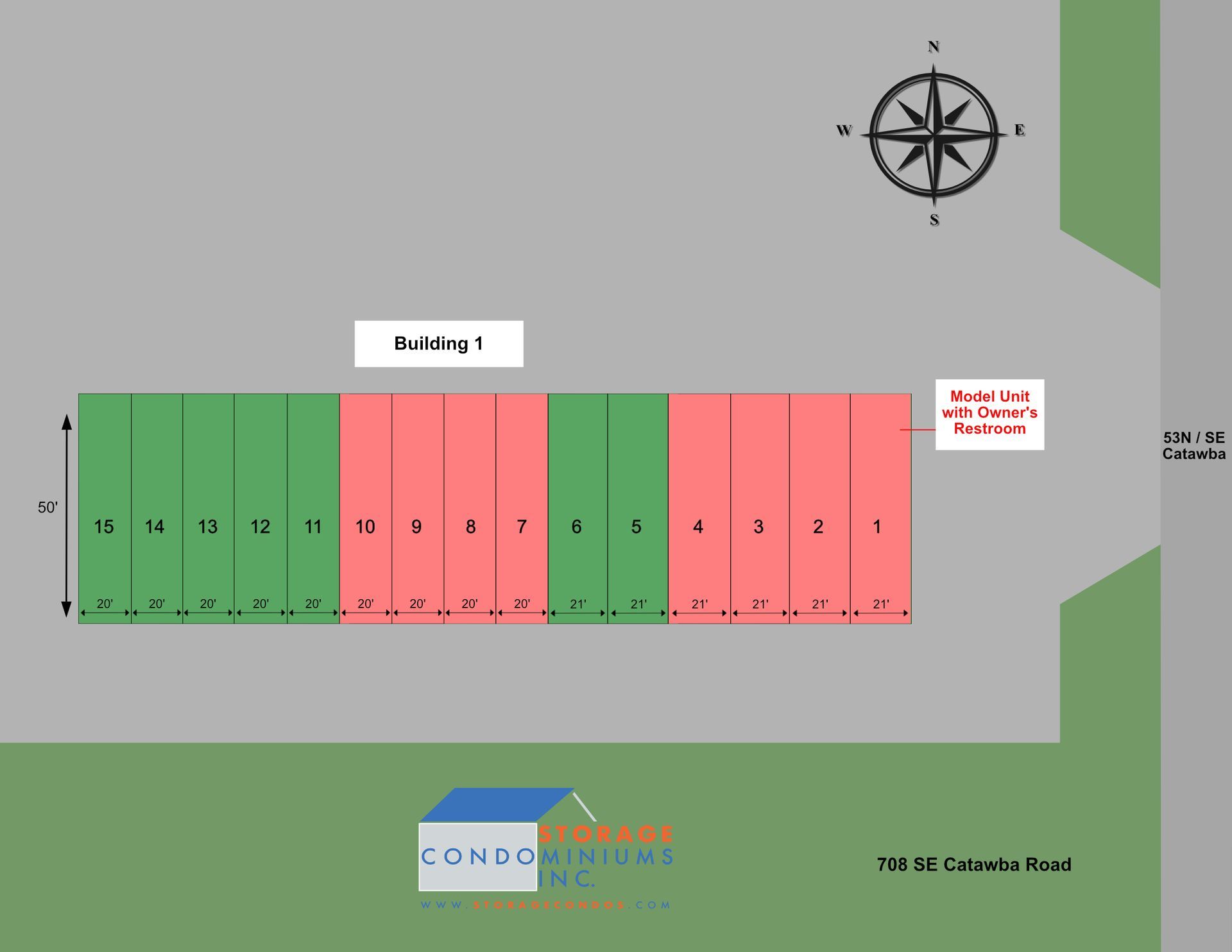 Site Plan showing current storage condo availability at 708 SE Catawba Road in Port Clinton, OH
