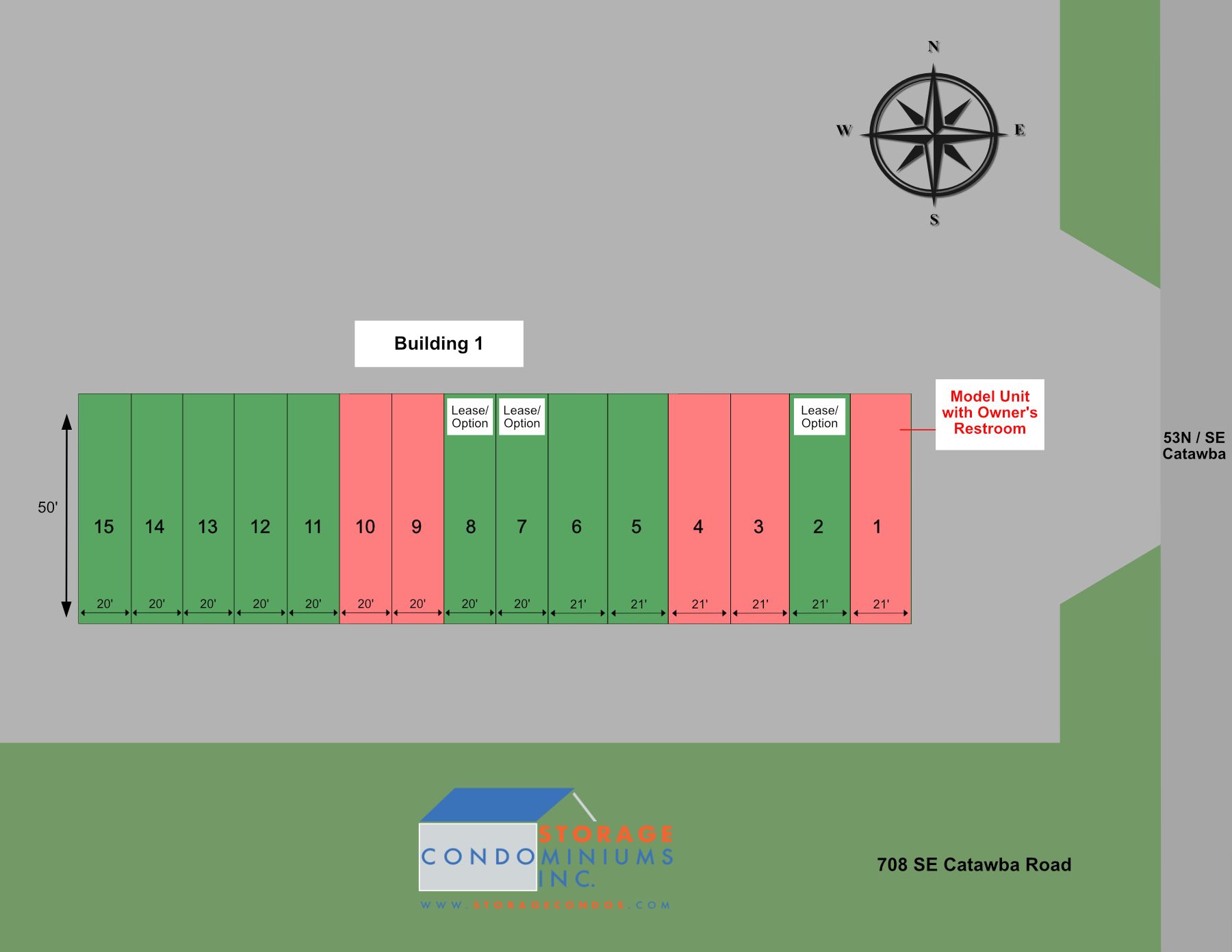 Site Plan showing current storage condo availability at 708 SE Catawba Road in Port Clinton, OH