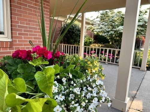 Colorful flower planter on a porch next to a brick building, with a garden visible in the background.