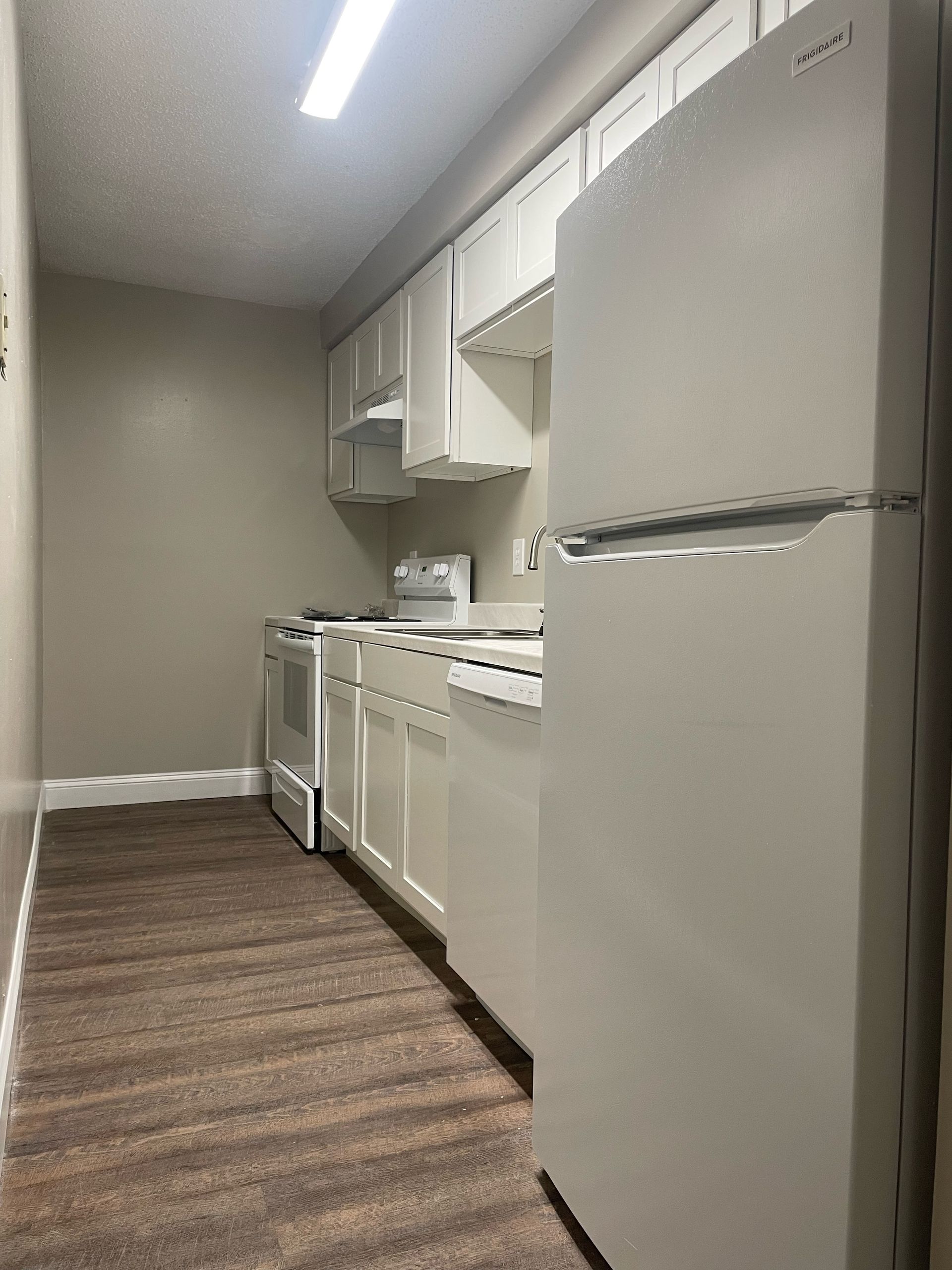 a kitchen with a frigidaire refrigerator and stove