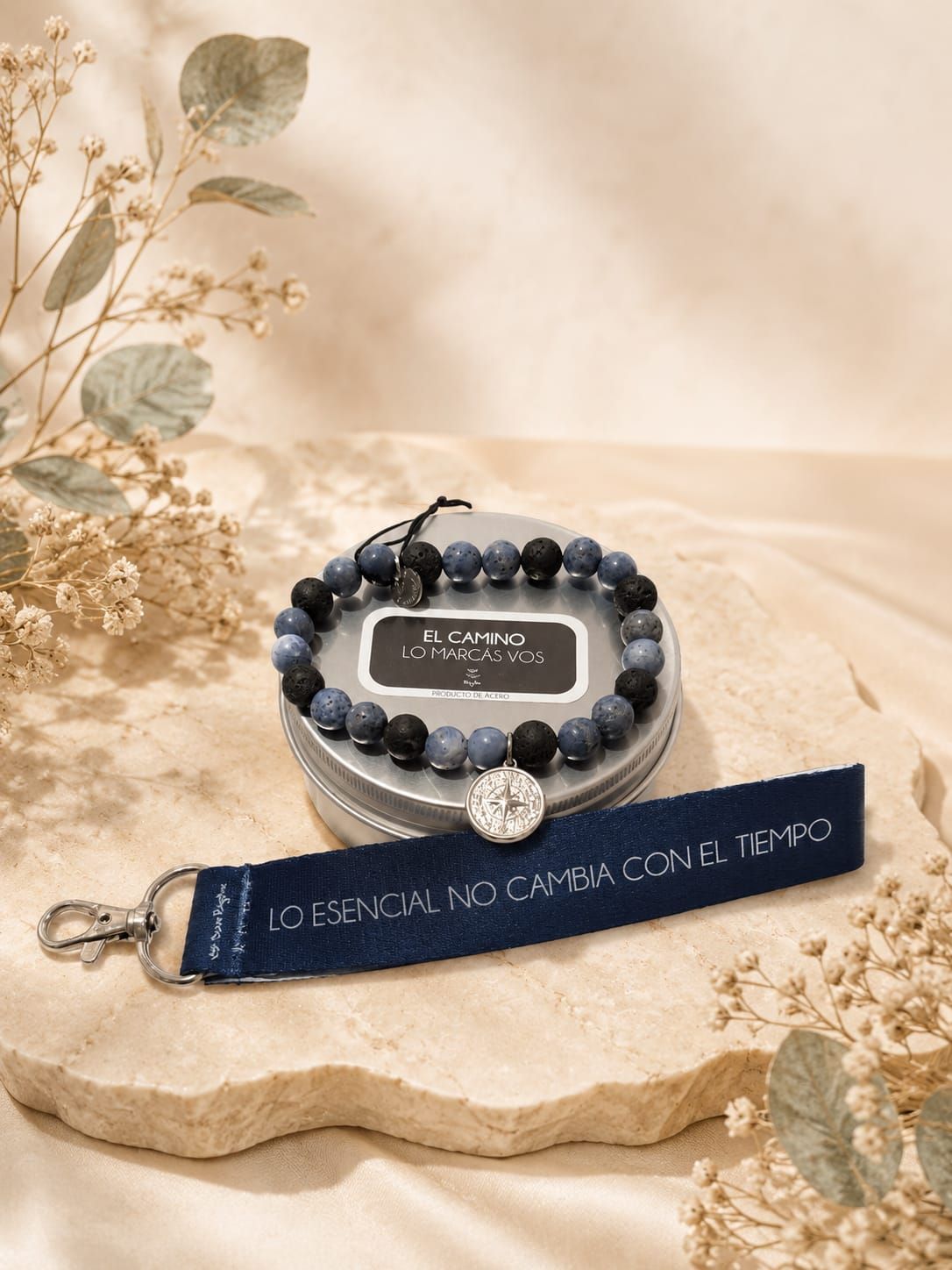 Pulsera piedra Volcánica y llavero con frase