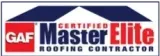 GAF Certified Master Elite Roofing Contractor logo. Red, blue, and white.