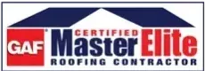 GAF Certified Master Elite Roofing Contractor logo. Red, blue, and white.