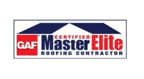 GAF Certified Master Elite Roofing Contractor logo with red, blue, and white elements.