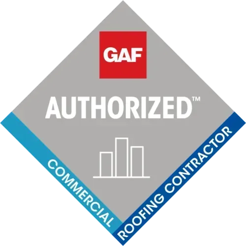 GAF Authorized Commercial Roofing Contractor emblem: gray diamond with red square, white text, and blue corner.