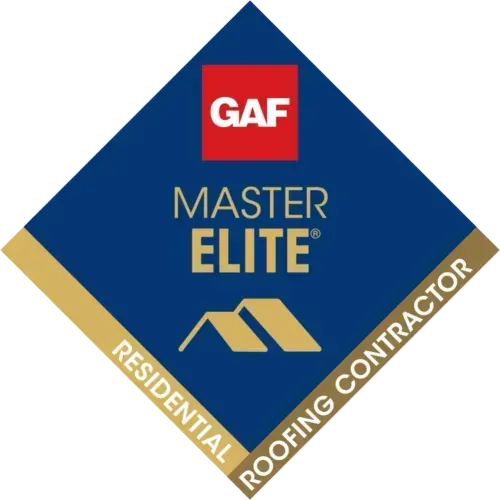 GAF Master Elite Residential Roofing Contractor badge in blue, gold, and red.