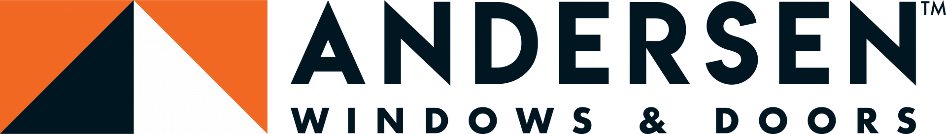 Andersen Windows & Doors logo with an orange and dark blue geometric shape.