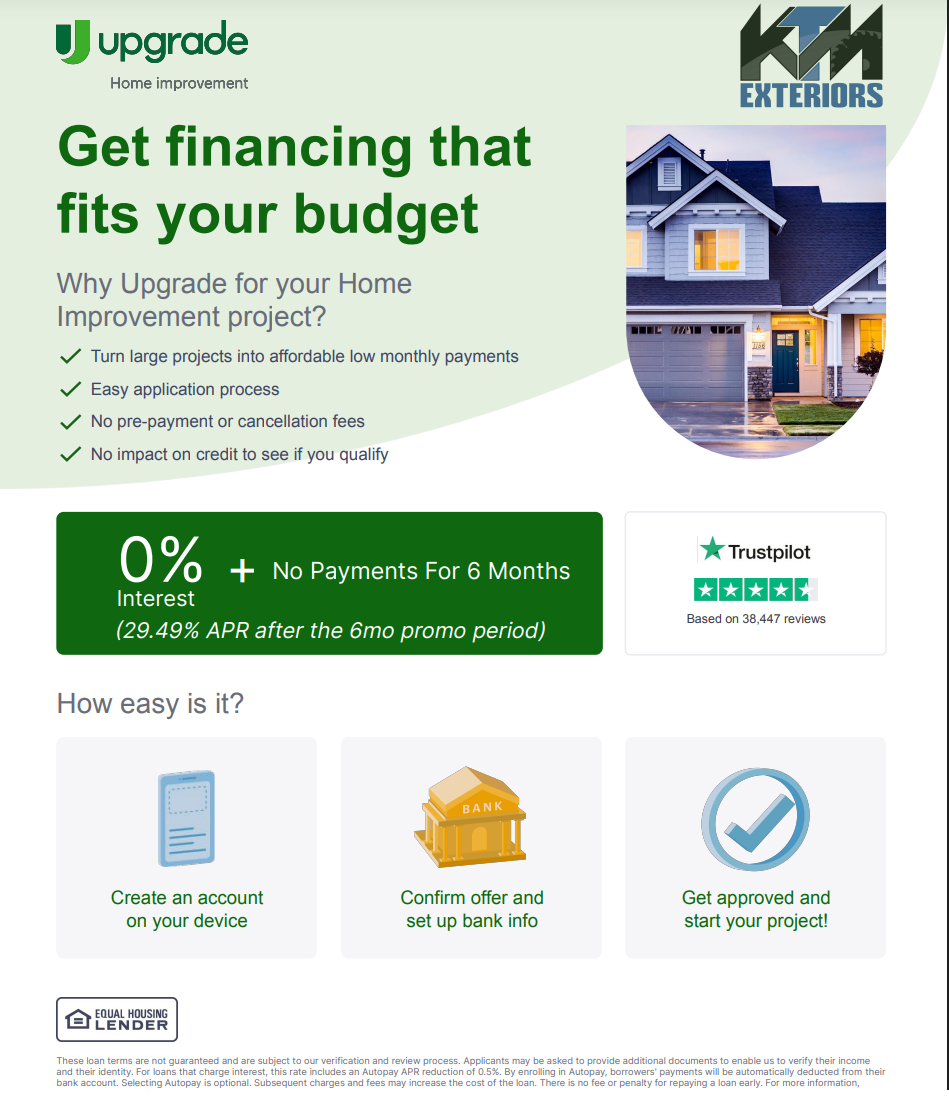 Advertisement for Upgrade, offering home improvement financing with 0% for 6 months.