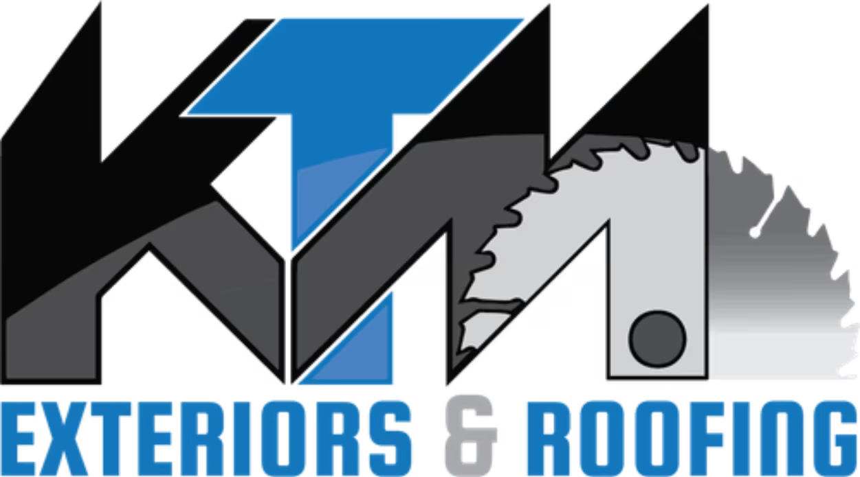 Logo for KTM Exteriors & Roofing. Text, "KTM" with saw blade image, blue & black colors.
