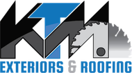 Logo for KTM Exteriors & Roofing. Text, "KTM" with saw blade image, blue & black colors.