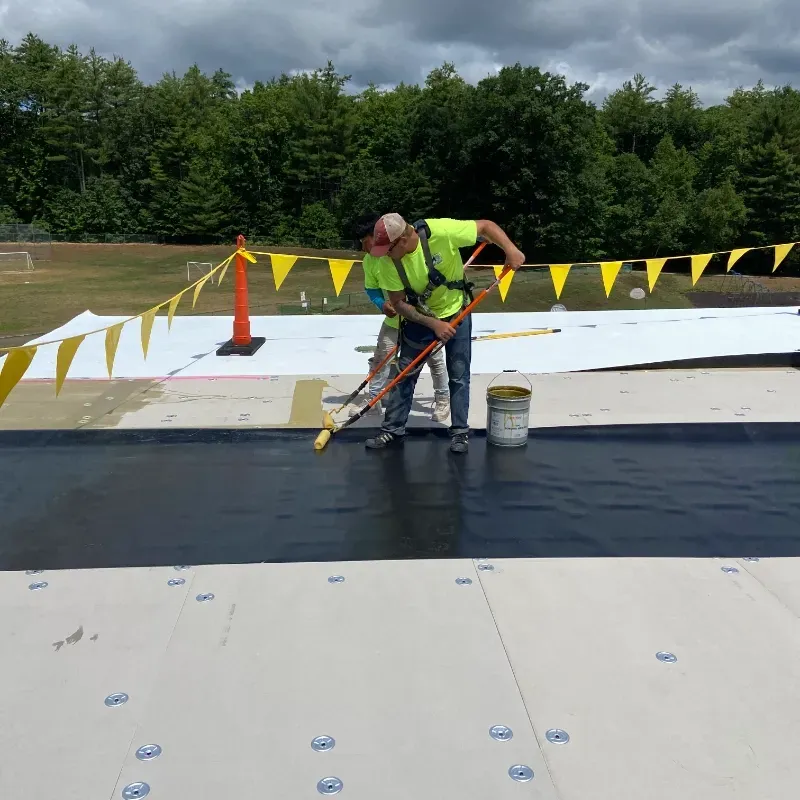 White house with black roof, chimney, and trim, blue sky, and green foliage.