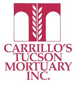 Carrillo's Tucson Mortuary Inc. logo.  Maroon arches and center wheat design above text on a white background.