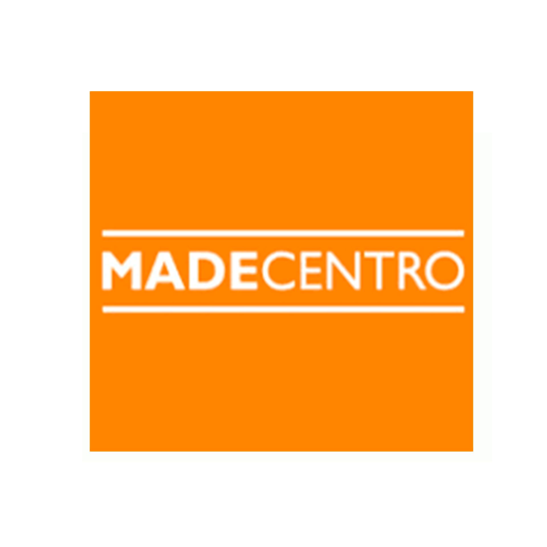 El logo de madecentro es naranja y blanco sobre un fondo blanco.