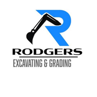 Logo for Rodgers Excavating & Grading; blue "R" with excavator arm silhouette and black text.
