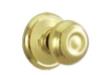 A close up of a brass door knob on a white background.