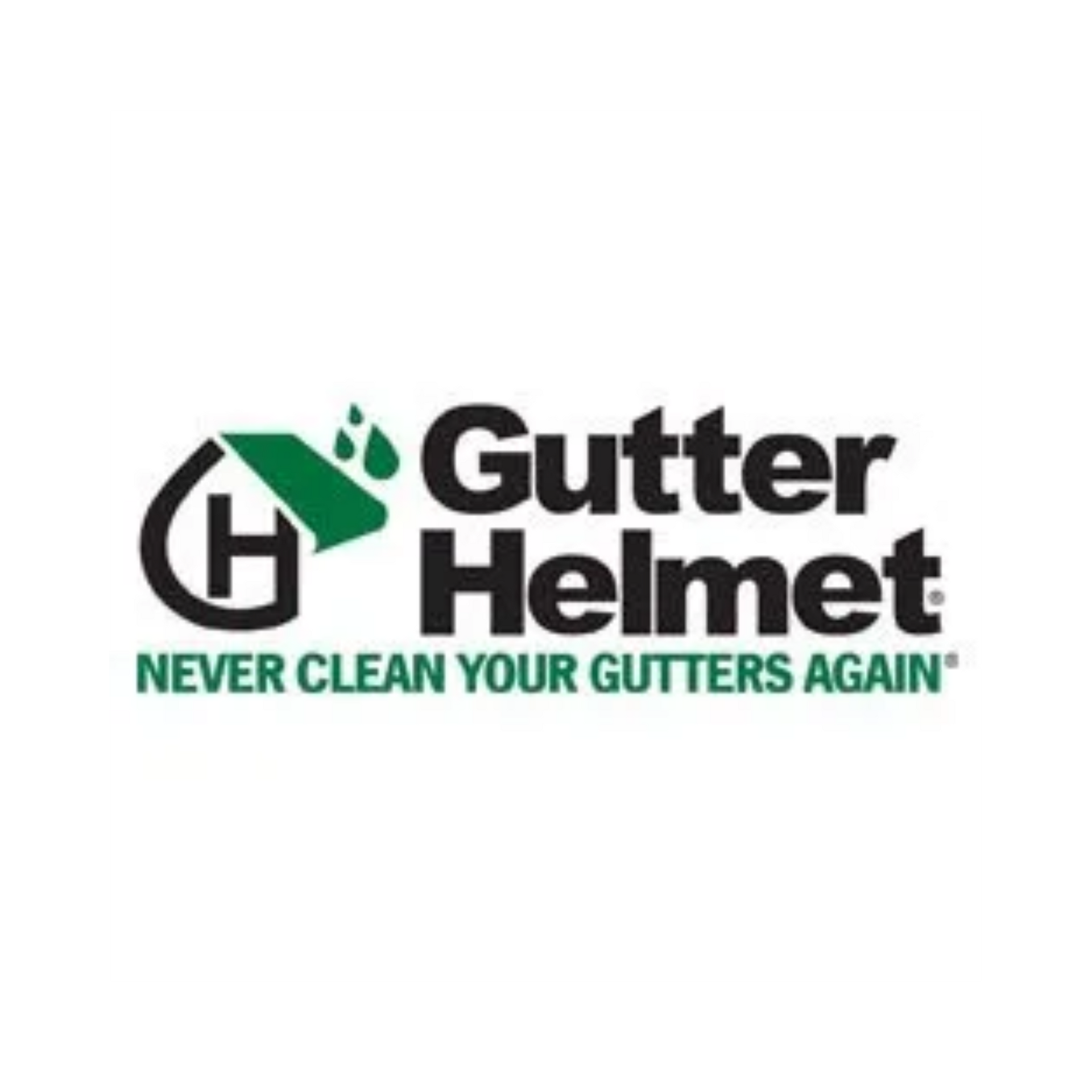 The logo for gutter helmet says never clean your gutters again.