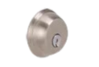 A close up of a stainless steel door lock on a white background.