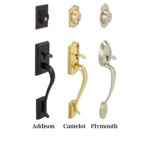 Three different types of door handles including addison camelot and plymouth