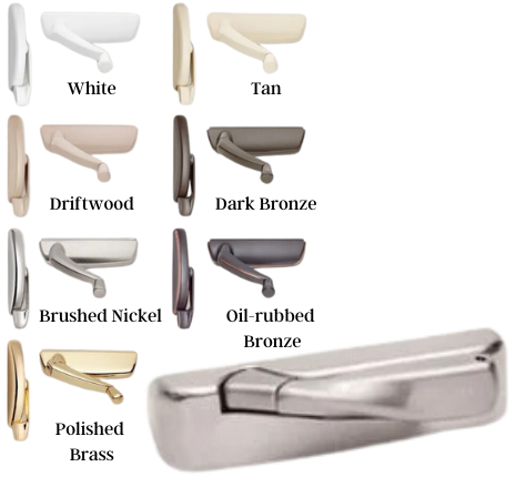 A picture of different types of window handles in different colors