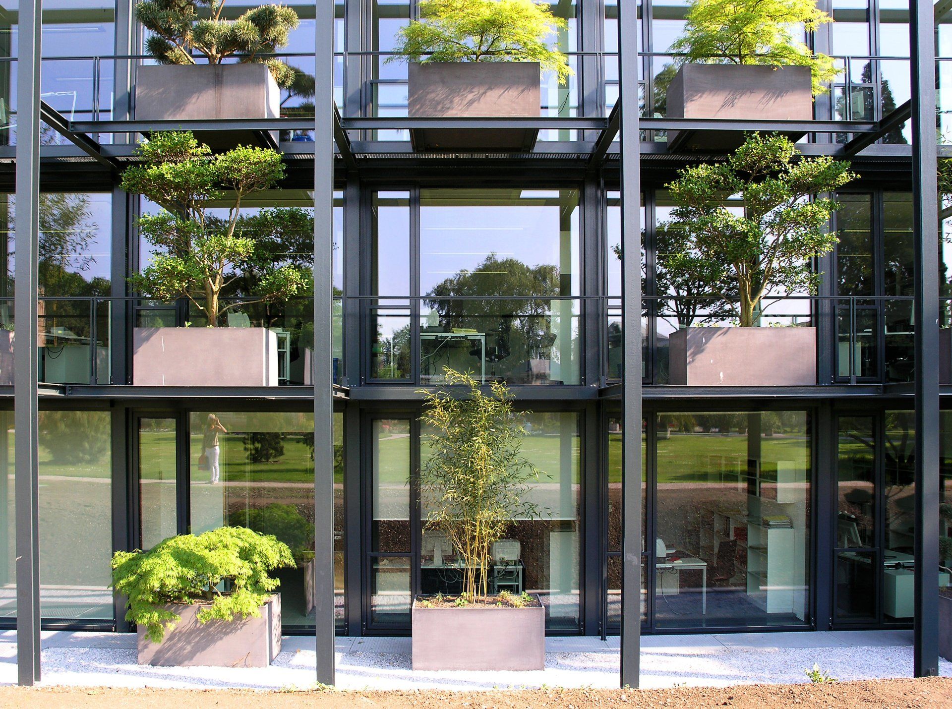 A building with a lot of windows and potted plants