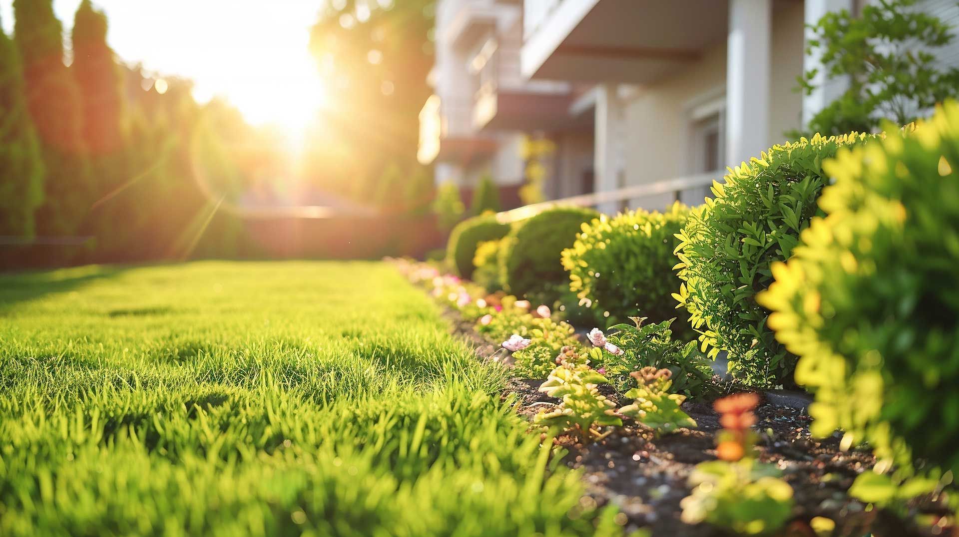 Manicured lawn and flowerbed with shrub