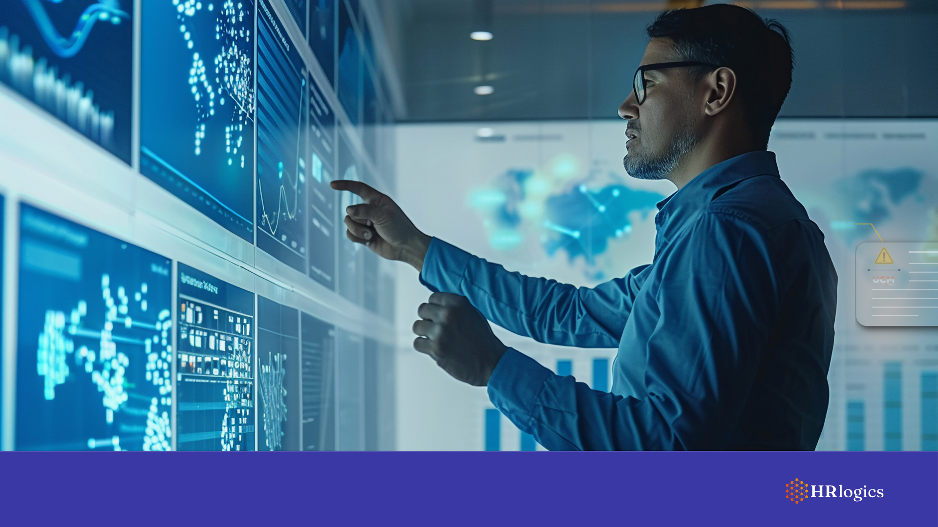 Operations manager reviewing a digital claims dashboard surrounded by compliance-focused tech.