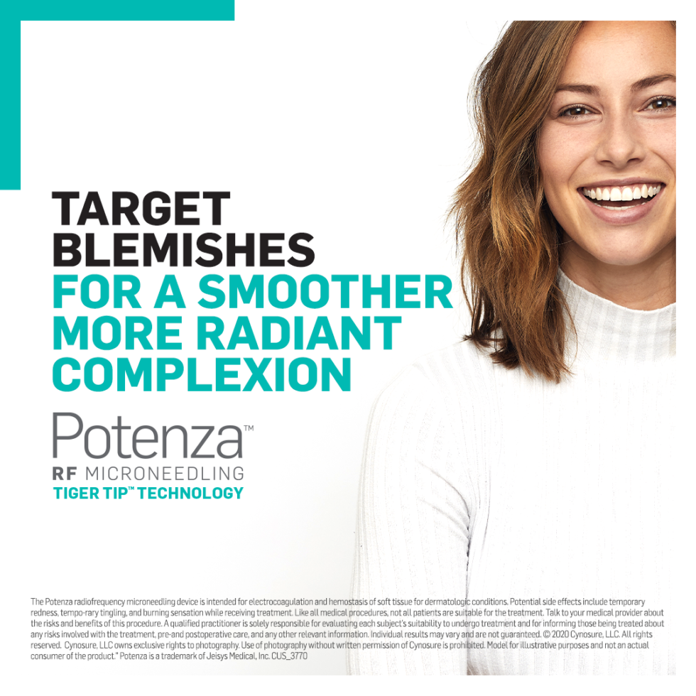 A woman is smiling on a poster that says `` target blemishes for a smoother more radiant complexion ''.