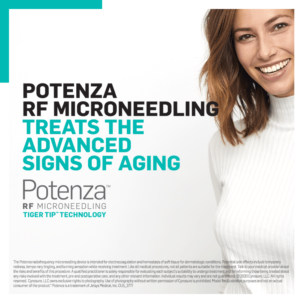 A woman is smiling on a poster that says potenza rf microneedling treats the advanced signs of aging.