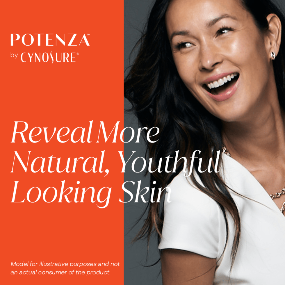 A woman is smiling in an ad for potenza by cynosure