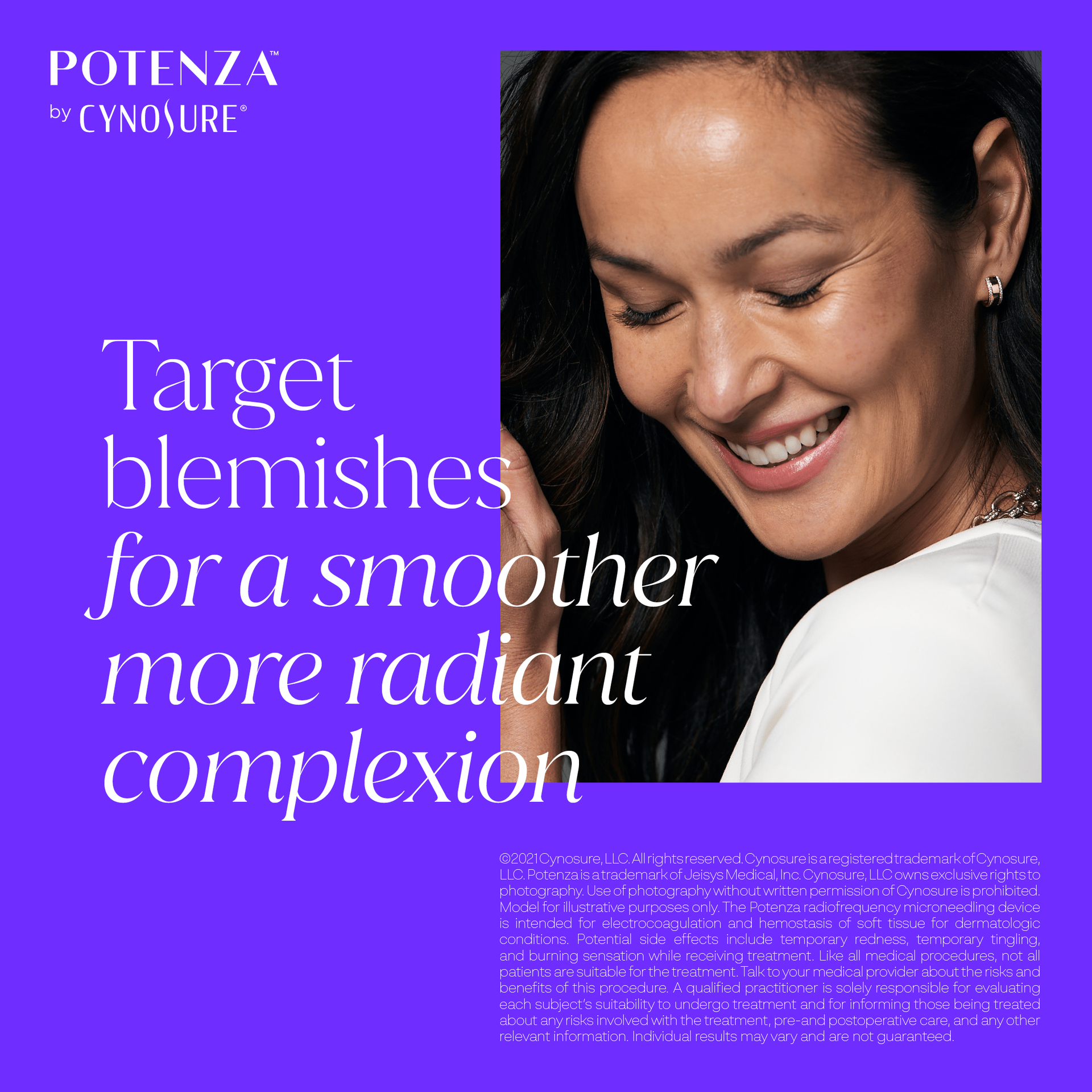 A woman is smiling on a purple background that says target blemishes for a smoother more radiant complexion