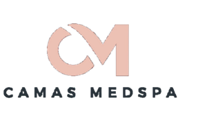 The logo for camas medspa is a pink letter m on a white background.