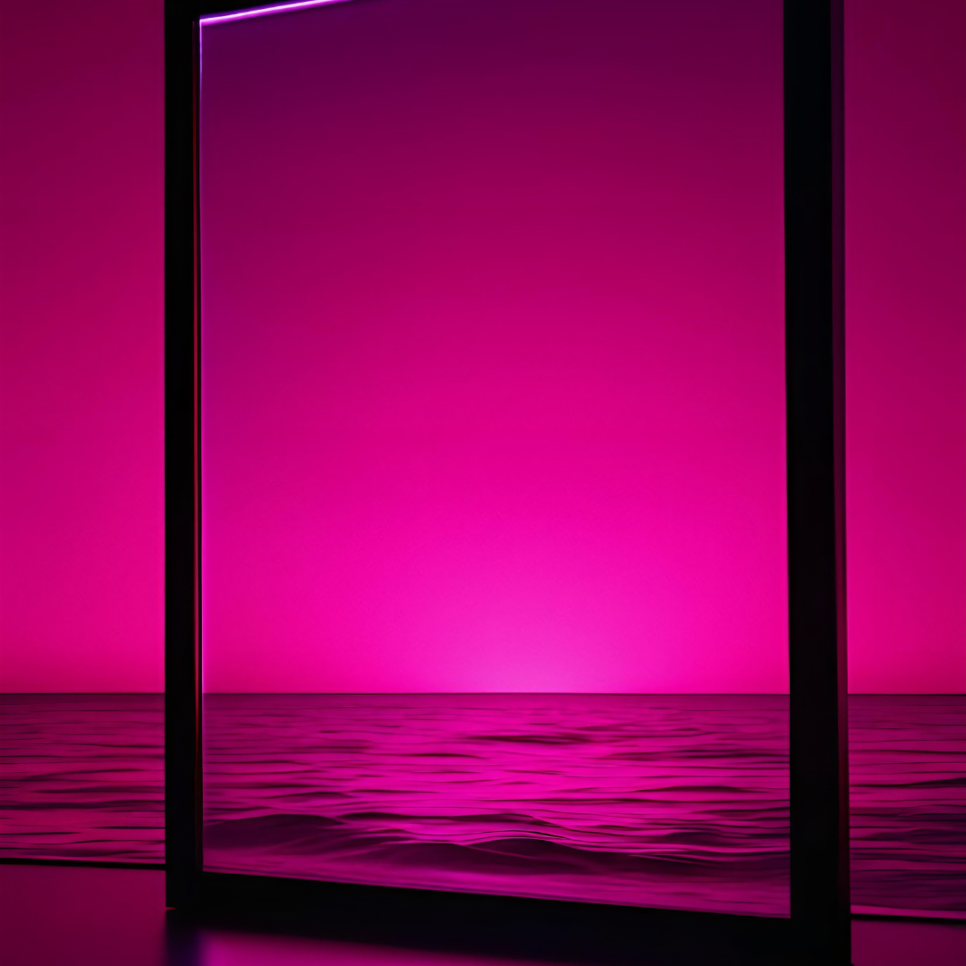 A purple light is shining on the ocean through a window.