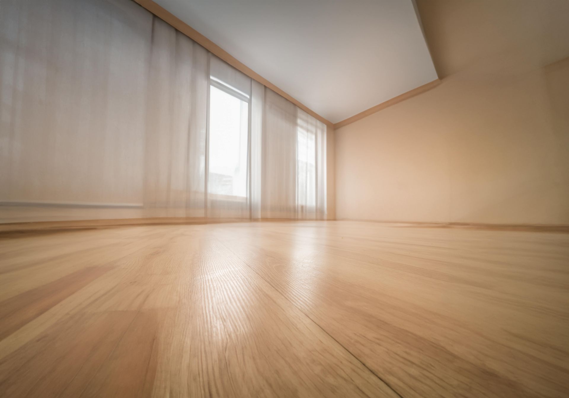 An empty room with a wooden floor and two windows.