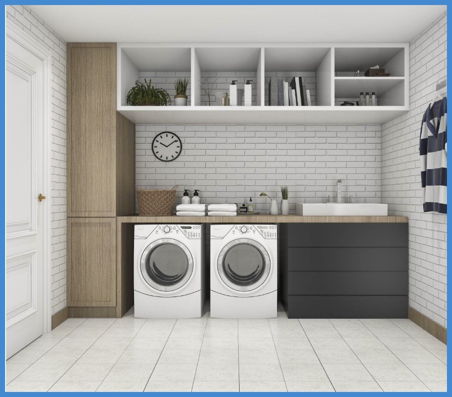 A laundry room with two washing machines and a sink.