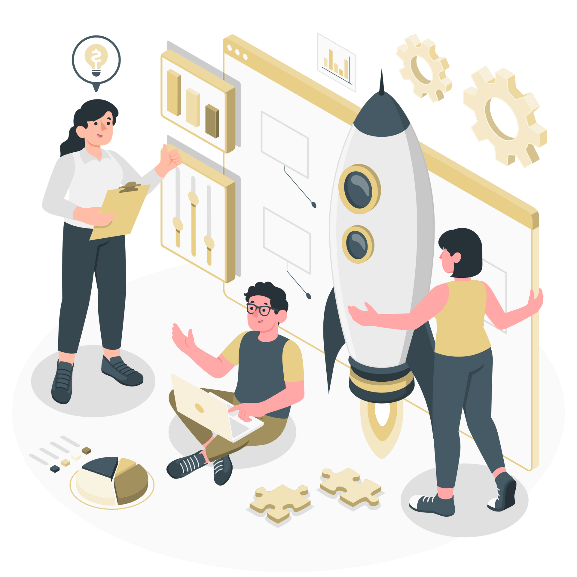 A group of people are standing around a rocket.