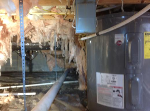 A water heater is sitting under a ceiling in a basement.