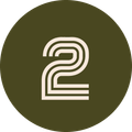 Olive green circle with the number 2 in cream-colored striped design.