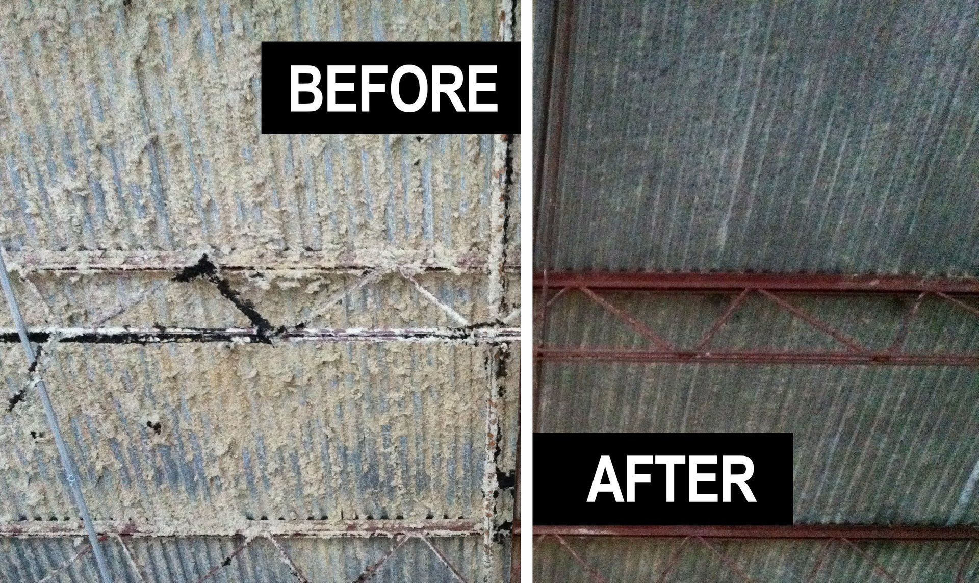 There is a before and after picture of a roof.