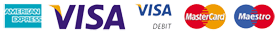 AMERICAN EXPRESS, VISA, VISA DEBIT, MasterCard and Maestro logos