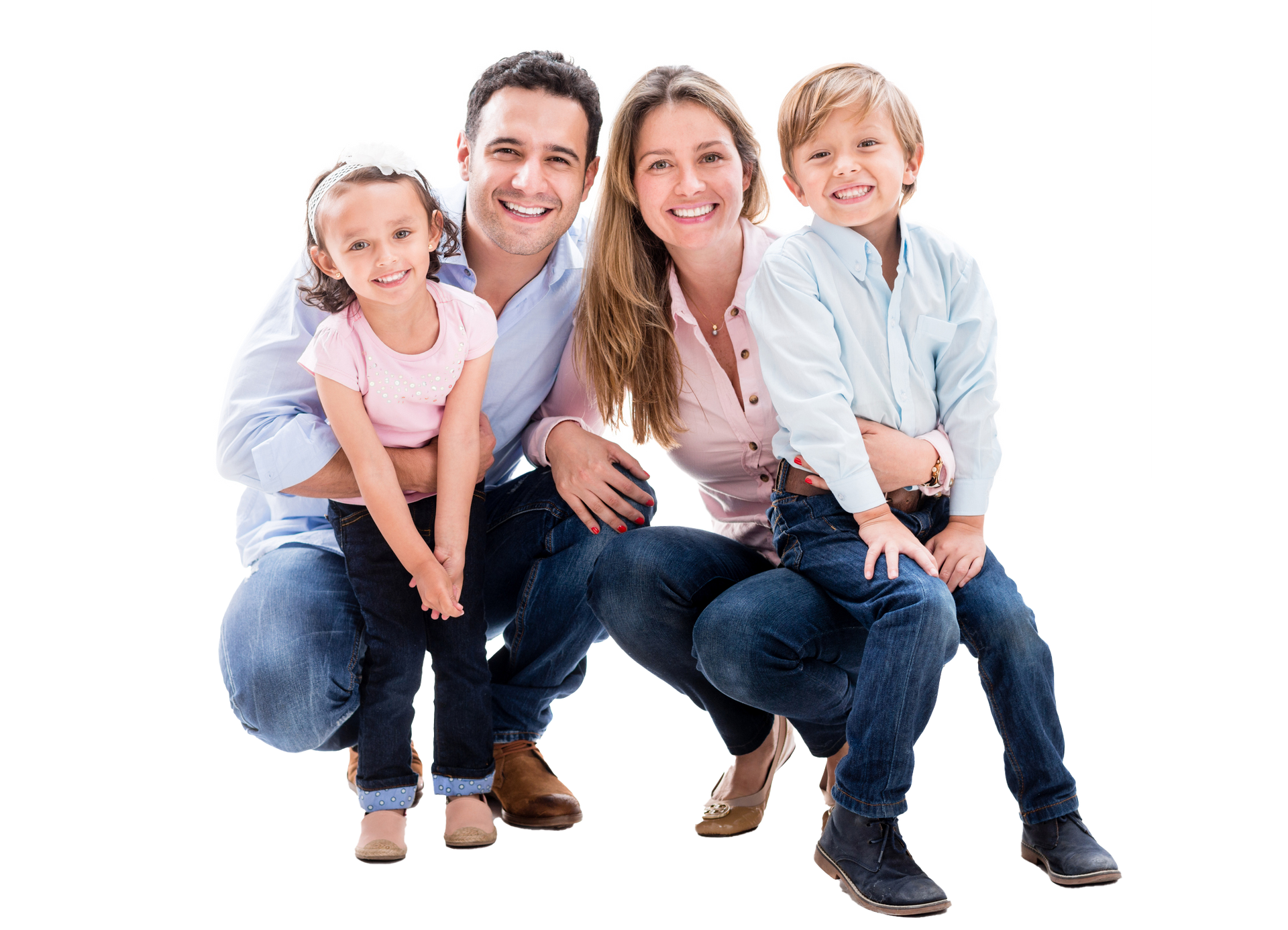 A family is posing for a picture together on a white background.