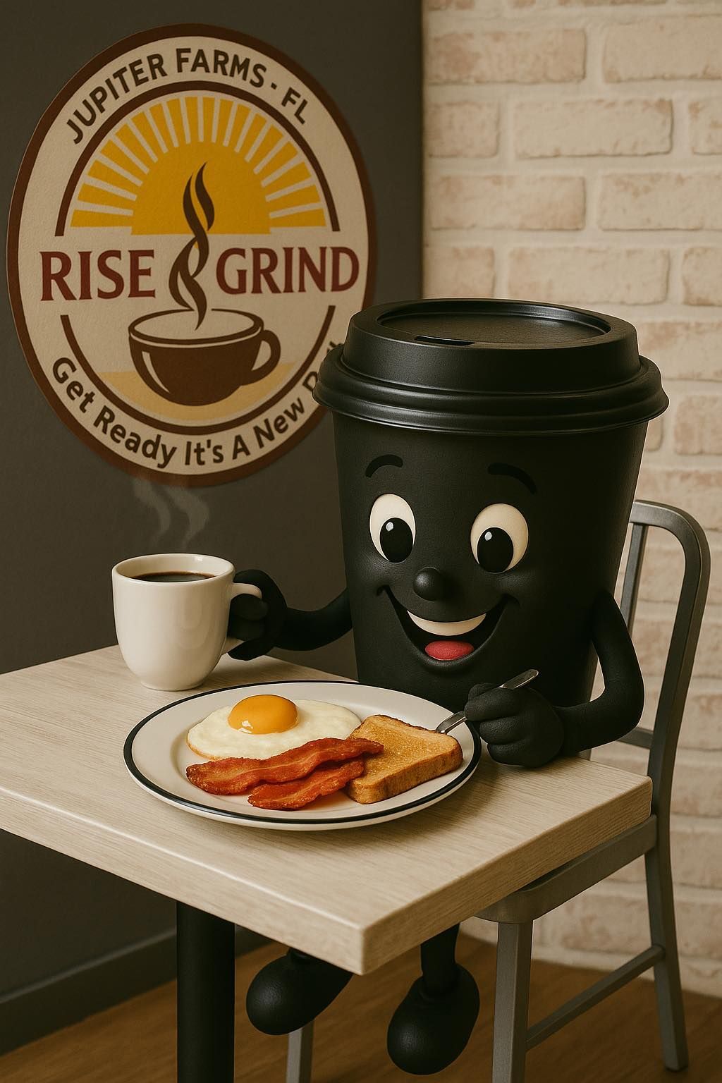 A mascot is sitting at a table with a plate of food and a cup of coffee.