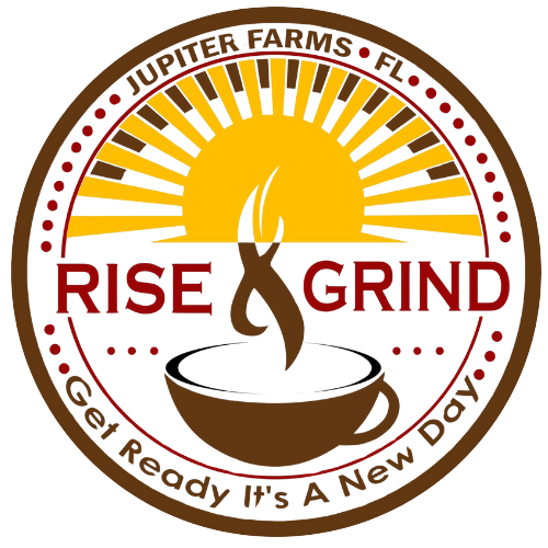 A logo for a coffee shop called rise grind