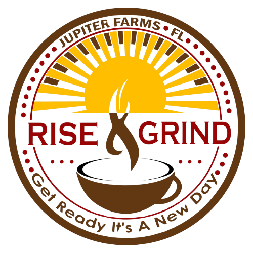 A logo for a coffee shop called rise grind