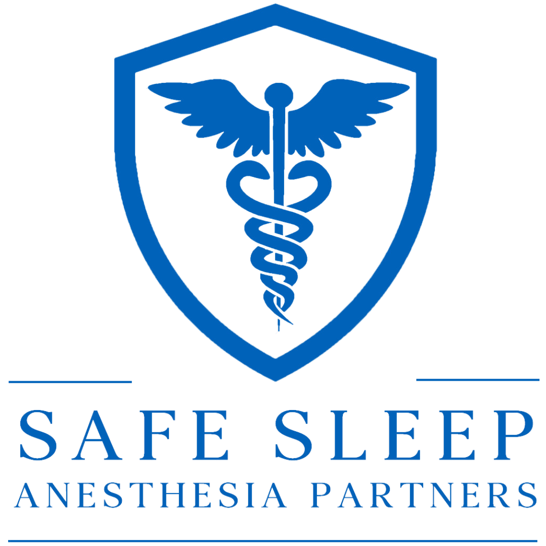 The logo for safe sleep anesthesia partners has a caduceus on it