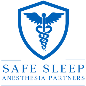 The logo for safe sleep anesthesia partners has a caduceus on it