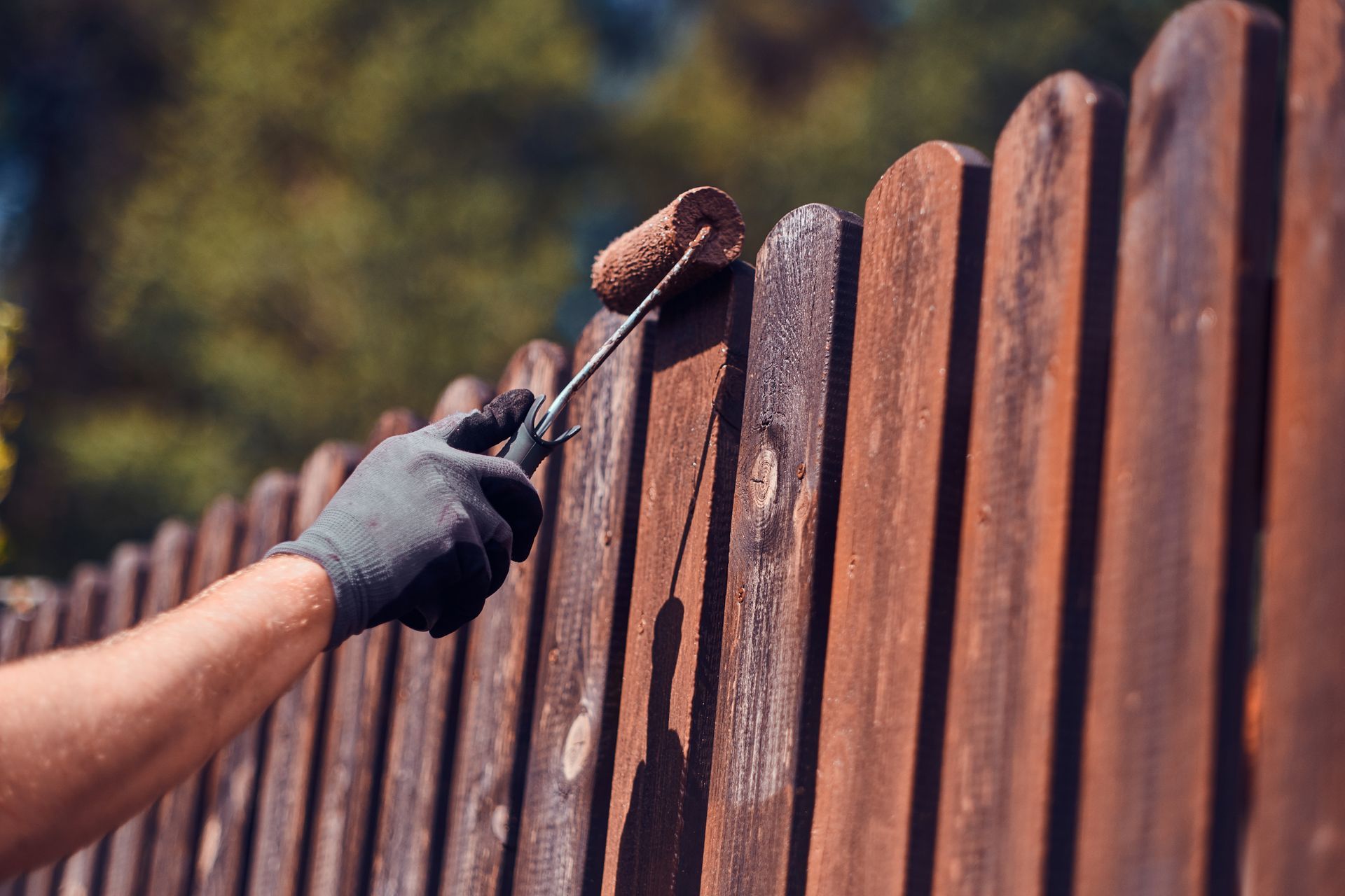 Close-up of a person wearing gloves painting a wooden fence with a roller brush on a sunny day.