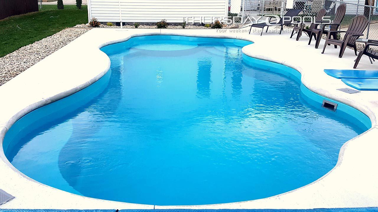 A large swimming pool filled with blue water in a backyard.