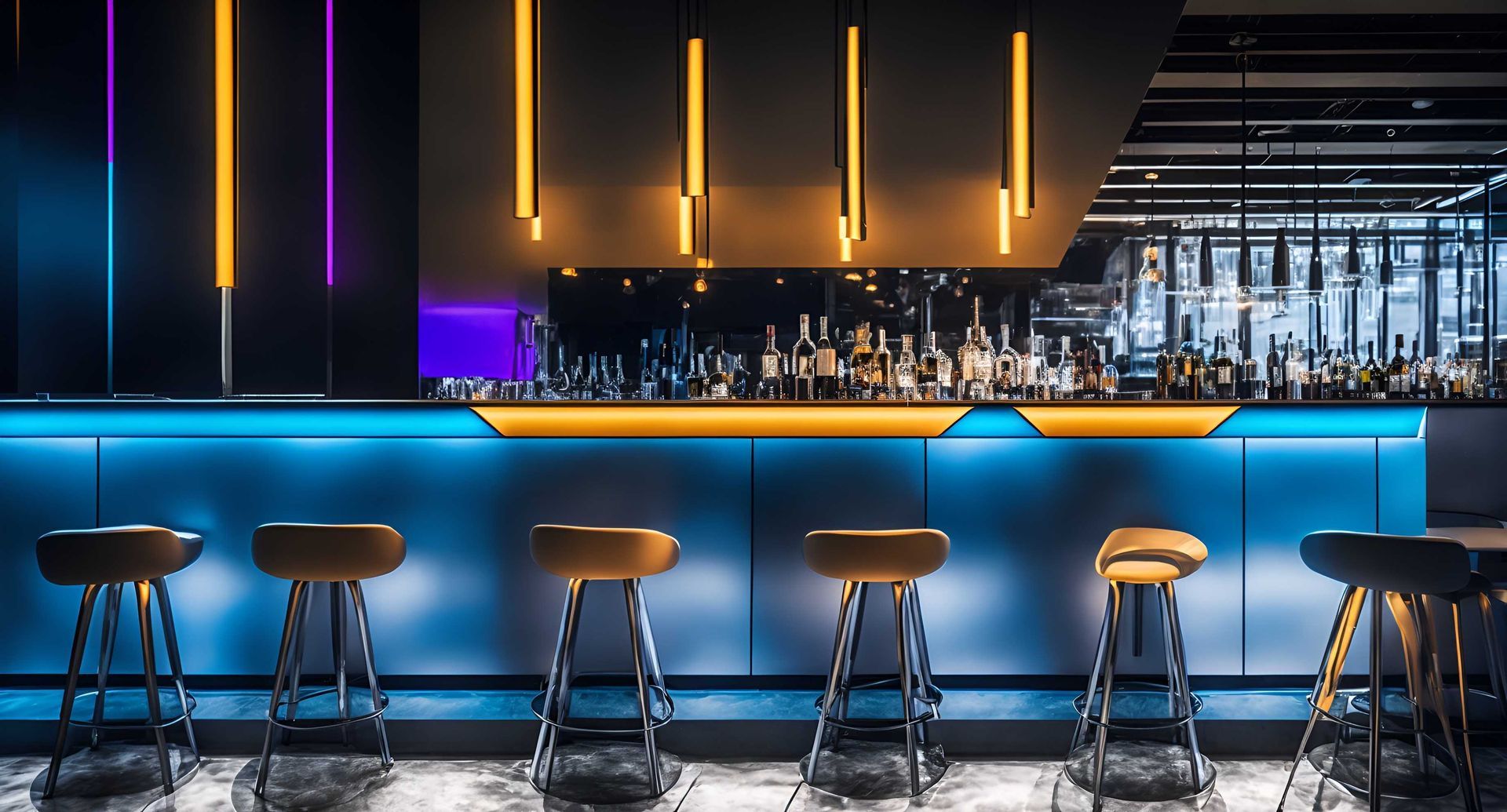 Commercial photograph of a cool bar lit up